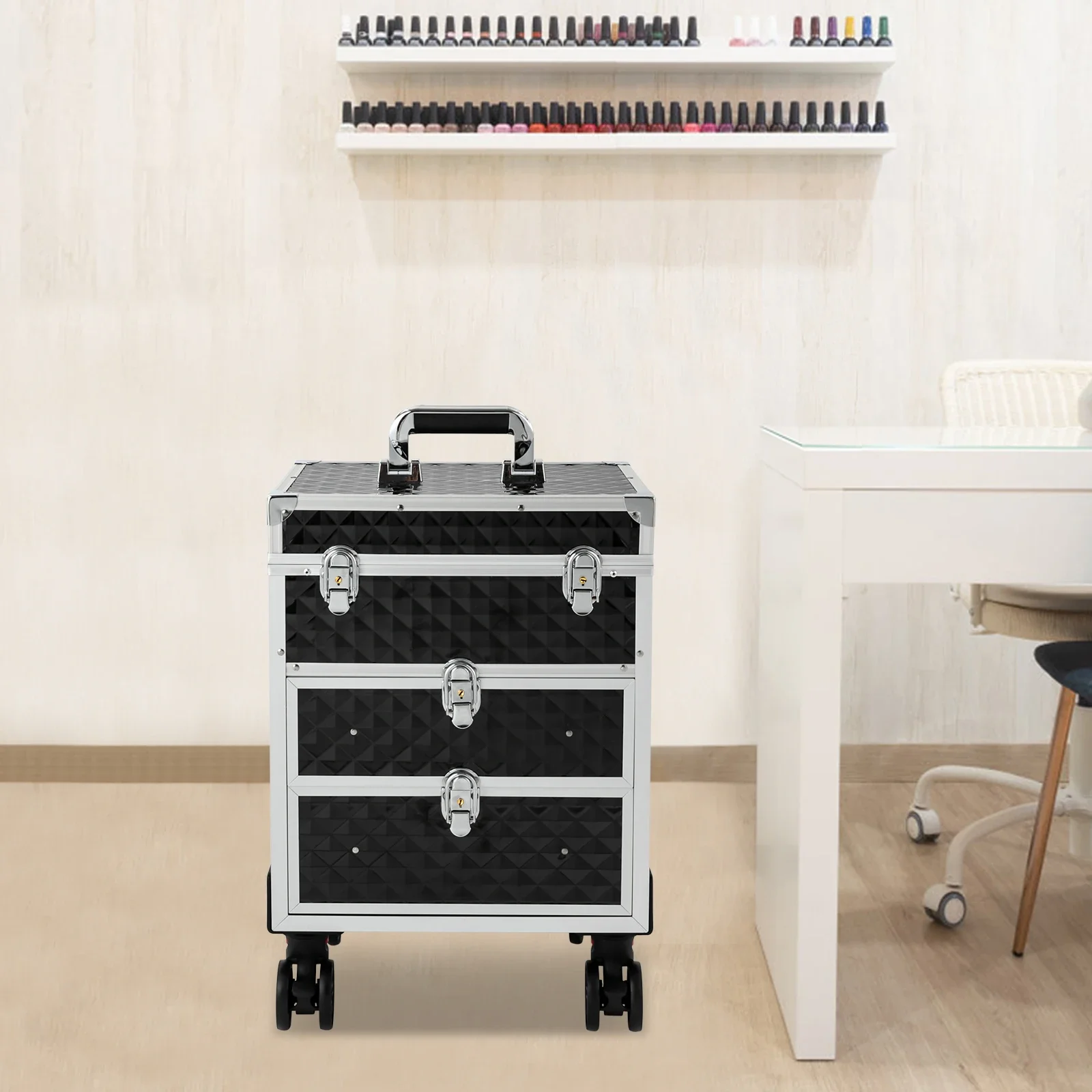 حقيبة مكياج دوارة من 3 طبقات مع درجين منزلقين، صندوق تخزين منظم مستحضرات التجميل باللون الأسود لفناني المكياج، سعة تحميل 30 كجم #3