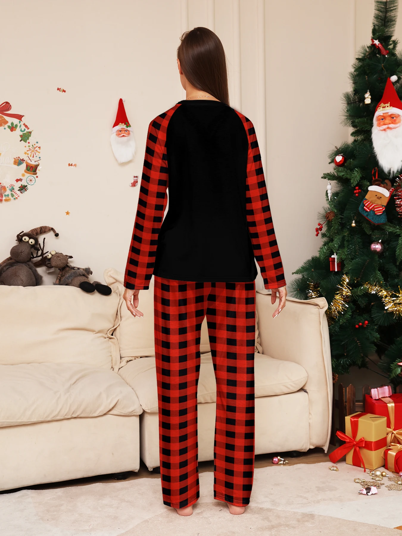 Family Christmas Pajamas Matching Parent-child Sleepwear Black Red Plaid Reindeer Print Xmas Gift Men Women Kids