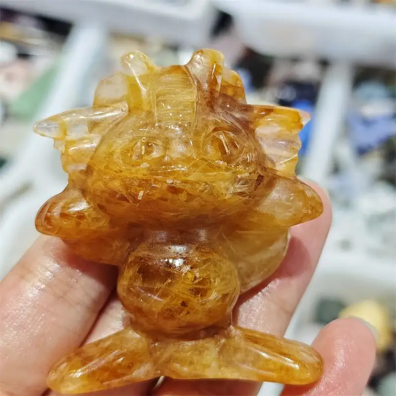 Natural Yellow Fire Quartz Hematoid Cartoon Carving Healing Reiki Stone Crystal Home Decoration Ornaments Holiday Gifts 1pcs
