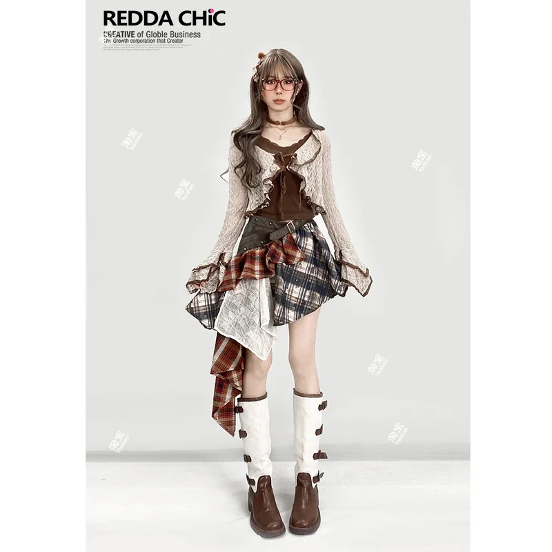 American Vintage Sunscreen Short Cardigan Jacket Maillard Lace Montage Irregular Tops Two-piece Set Tunic Clothes Suspenders