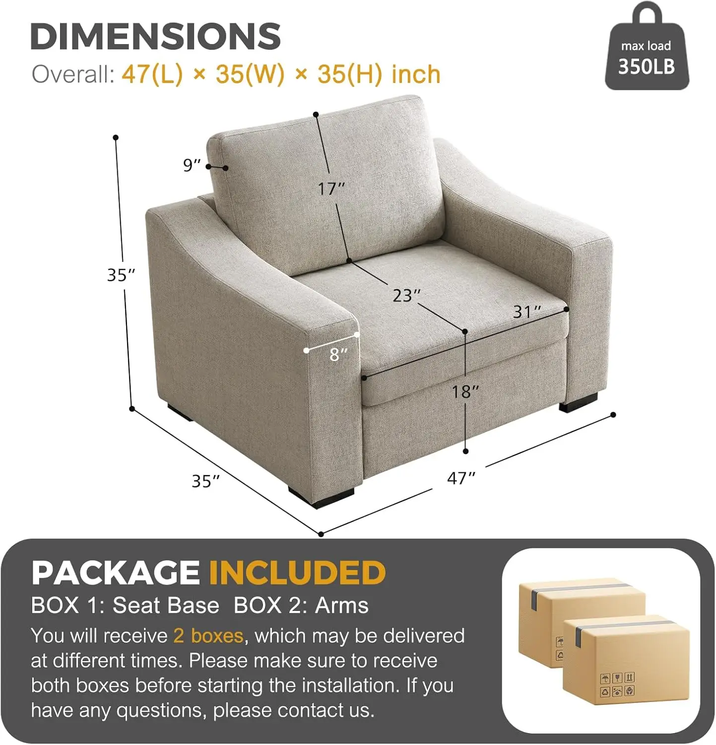 47' W Übergroßer Leinen-Akzentstuhl, moderner, waschbarer Polstersessel mit tiefem Sitz, Haferflocken