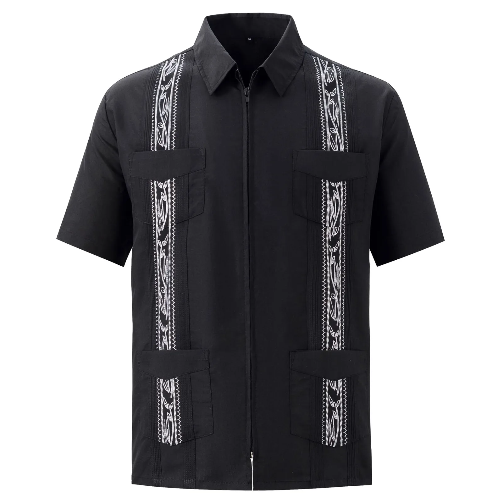 Zipper Men's Guayabera Shirts Clothing Four Pocket Embroidered Traditional Short Sleeve Shirts For Men Mexican Cuban Shirts