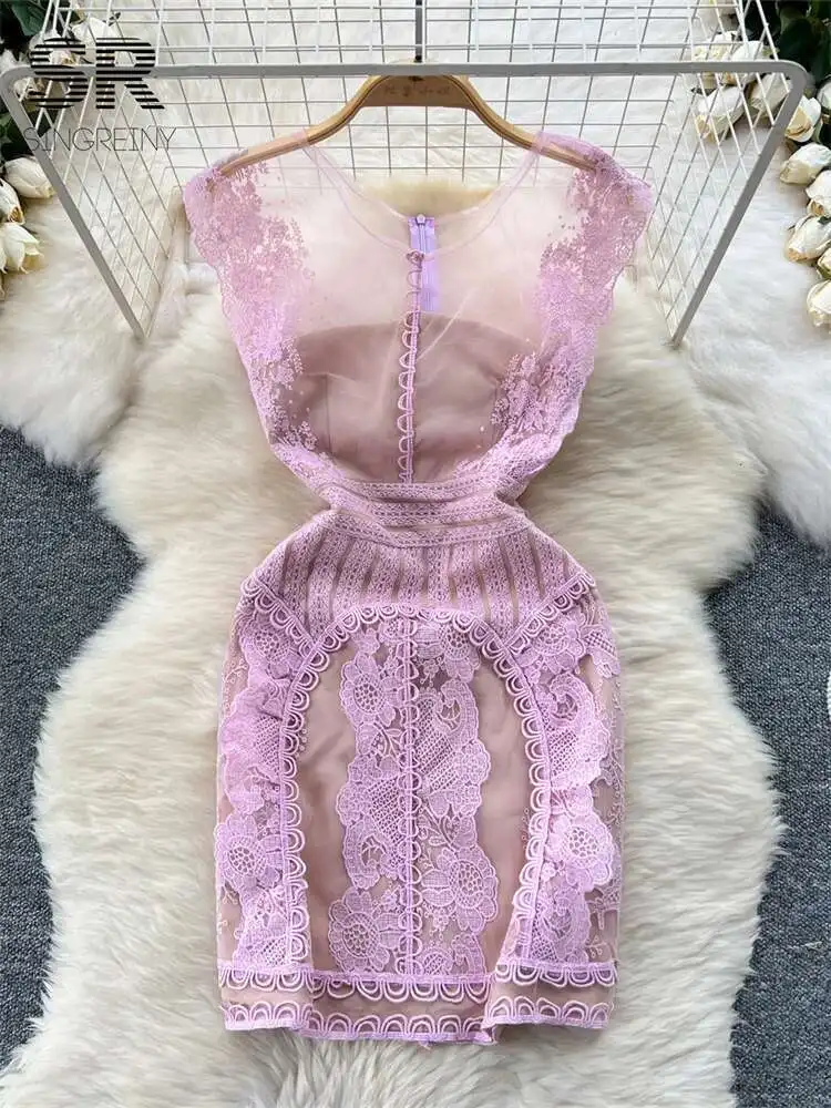 BabYoung Senior Spitze Splice Mesh Frauen Sommer Ärmellose O Neck Zipper Design Damen Schlank Temperament, Figurbetontes Kleid