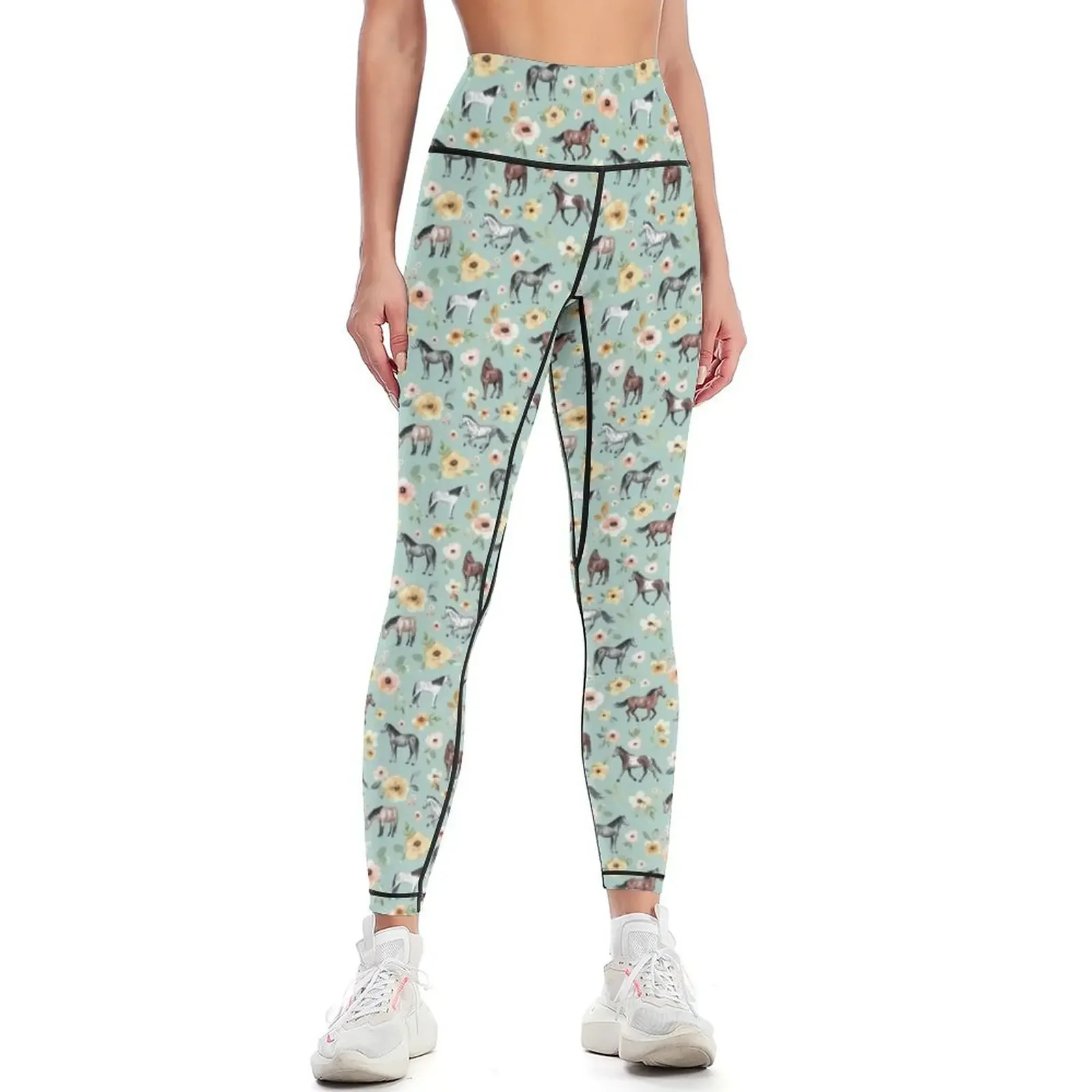 Horses with Flowers, Sunrise Floral, Blue, Horse Decor, Leggings for girls Women's fitness Legging sexy woman Womens Leggings