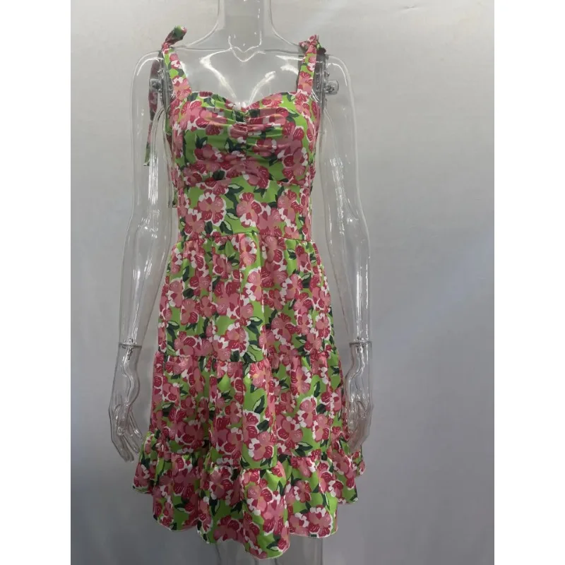 2023 Summer Fashion Short Boho Dress donna Mini abito con stampa floreale femminile senza maniche cintura appesa stampata abito piegato in vita