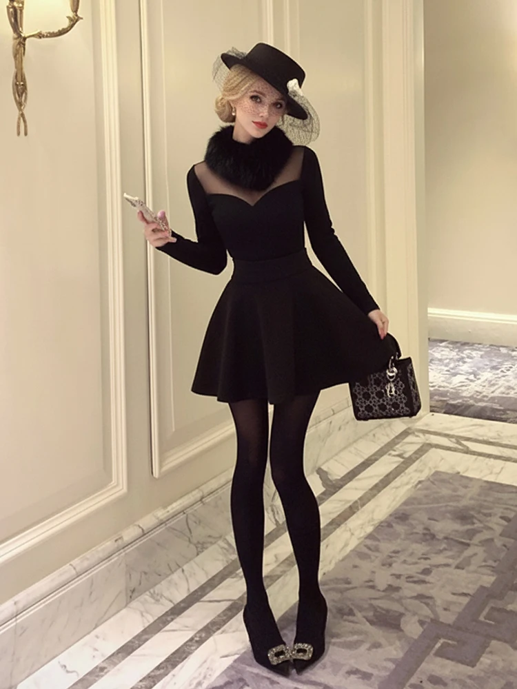 REDDACHiC Faux Fur Scarf Top Skirt Set Sexy See Through Mesh Stitch Long Sleeve T-shirt Mini Tweed Skirt Elegant Women Clothes