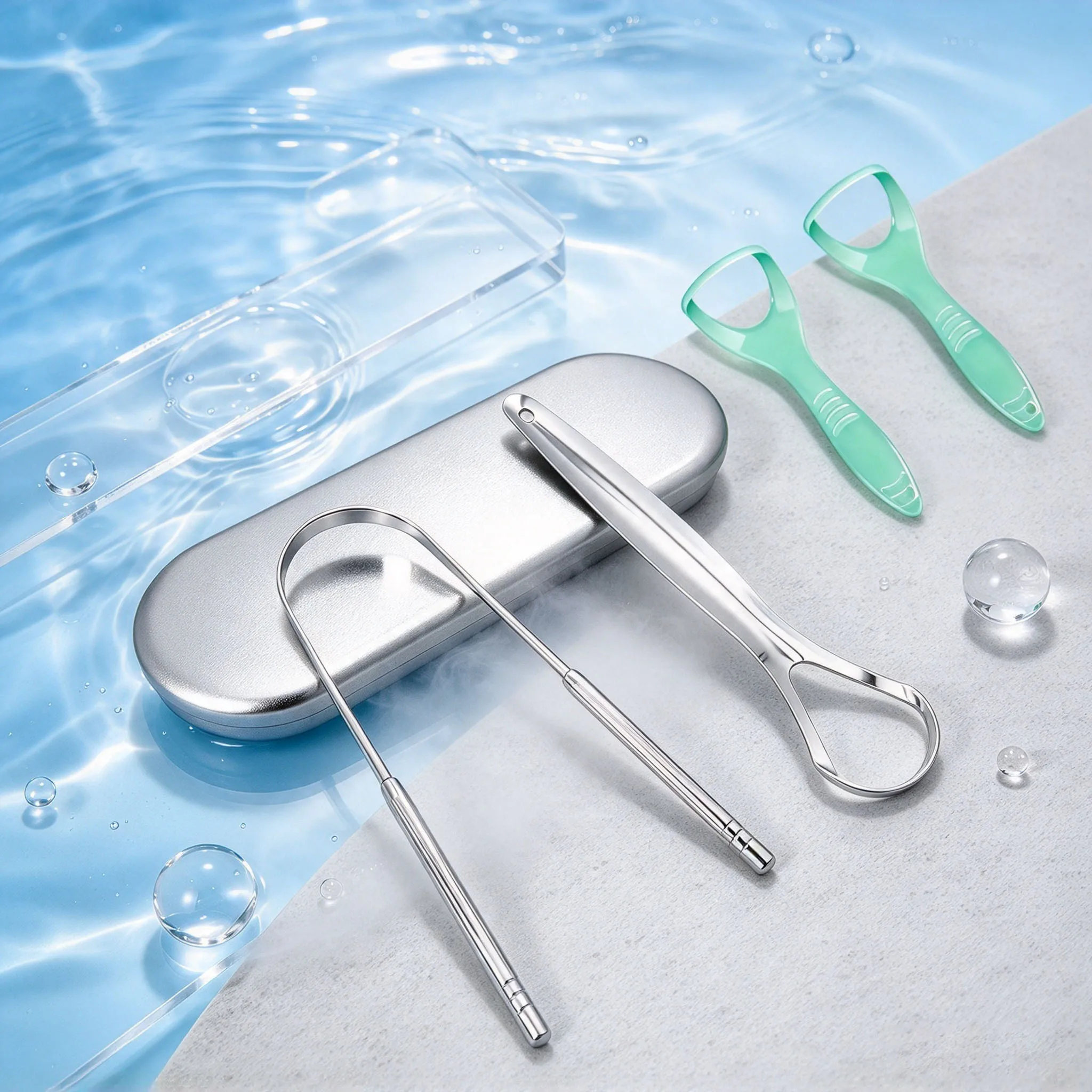 Portable Tongue Scraper Set of 2, Metal Tongue Scraper + Plastic Tongue Scraper, Personal Tongue Cleaner for Home Use, Portable Oral Care Tongue Scraper for Home and Travel, Home Oral Cleaning and Care Tool