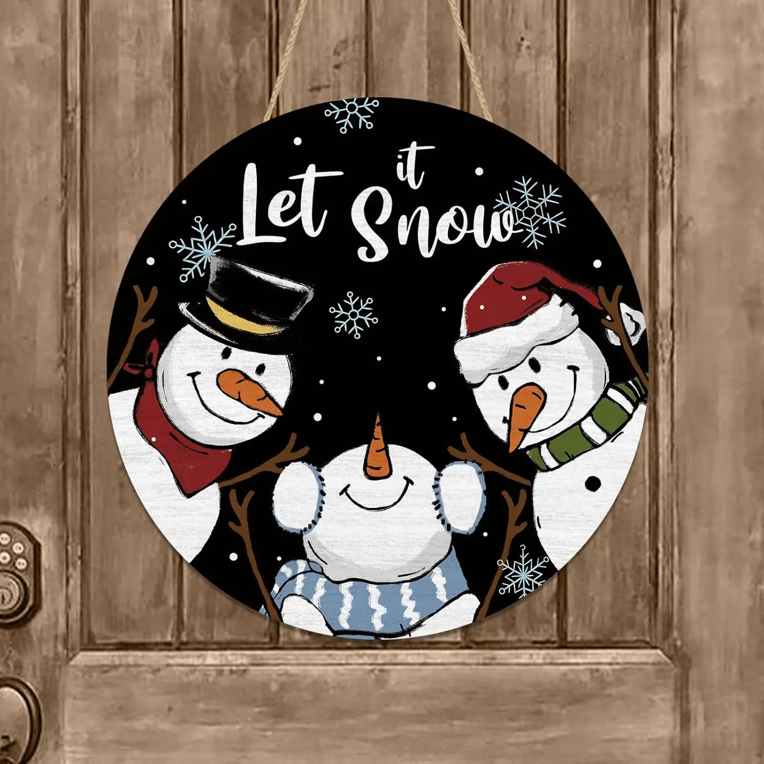 Three Snowmen Creative Decoration, Round Wooden Crafts Pendant, Christmas Door Plate, Home Party, New