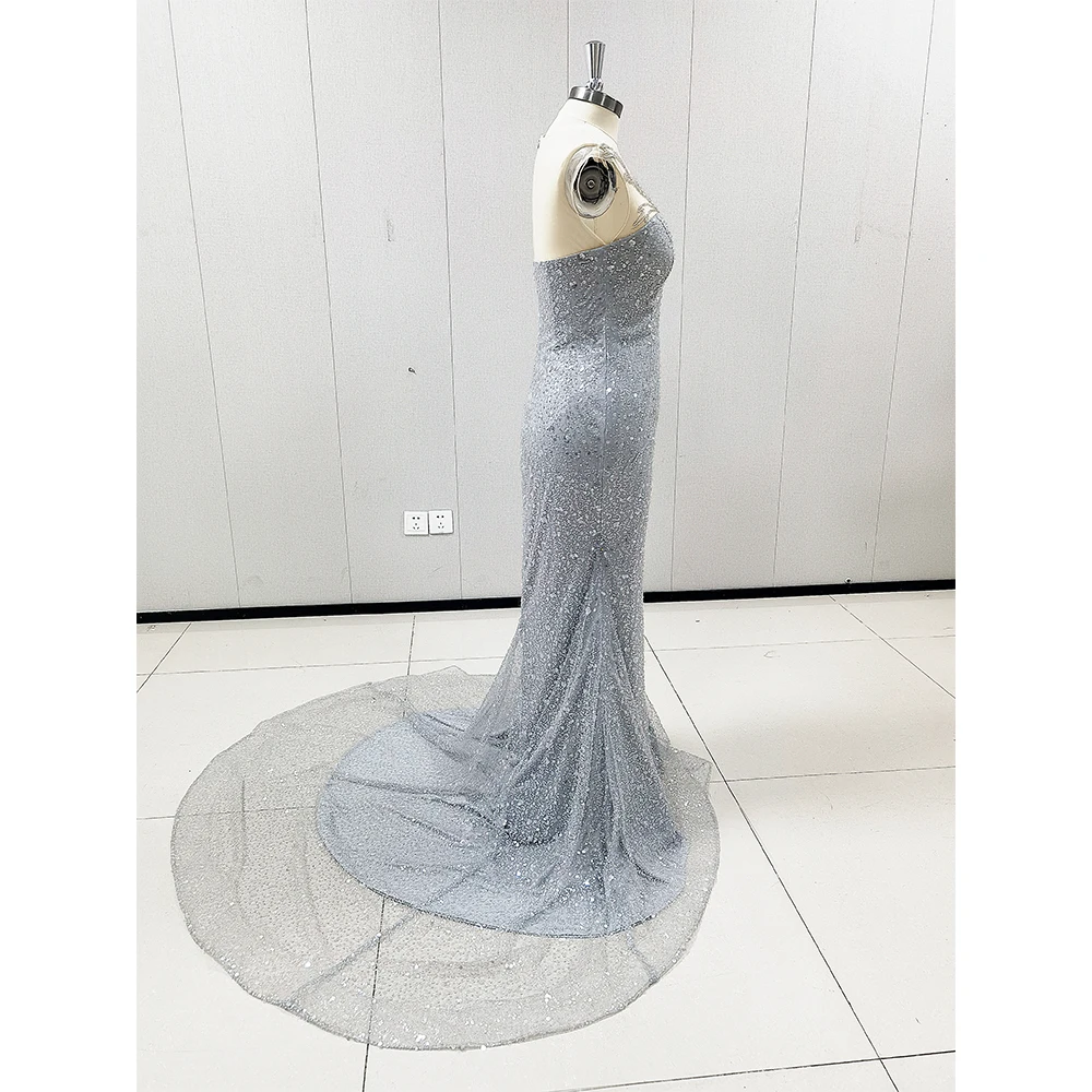 Luxury Silver Crystal Evening Dress 2023Lace Beaded Mermaid Prom Gowns Sheer Neck Elegant vestido de novia