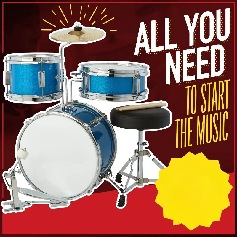 home.Kids Drum Set - Junior Kit w/ 4 Drums (Bass, Tom, Snare, Cymbal), & Musical Instruments