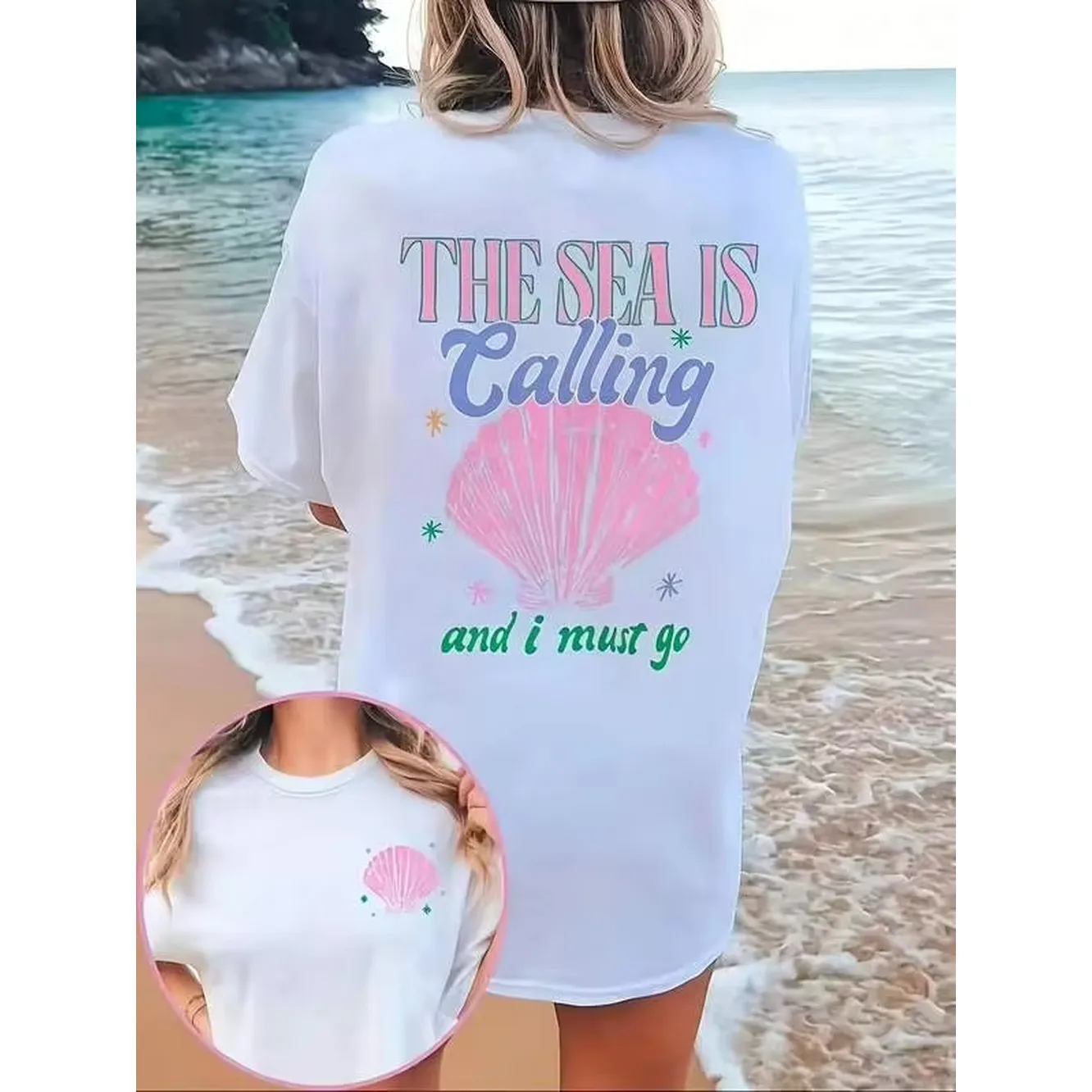 New Summer 2026 Collection Loose Fashion Round Neck Tee, Letter Shell Pattern, Free Shipping, Ships Within 24 Hours