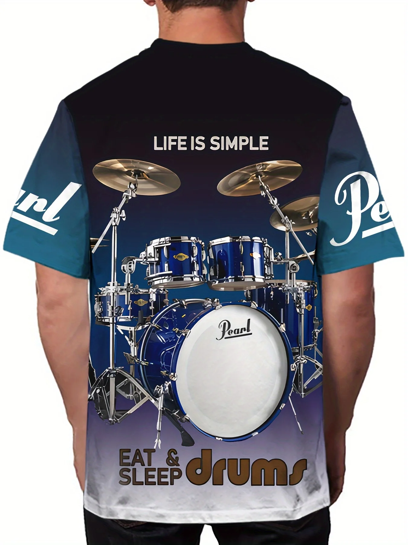 Mens Drummer Graphic Tee, Blue Pearl Drum Set with Slogan Print Short Sleeve Casual Music Lover T-Shirt