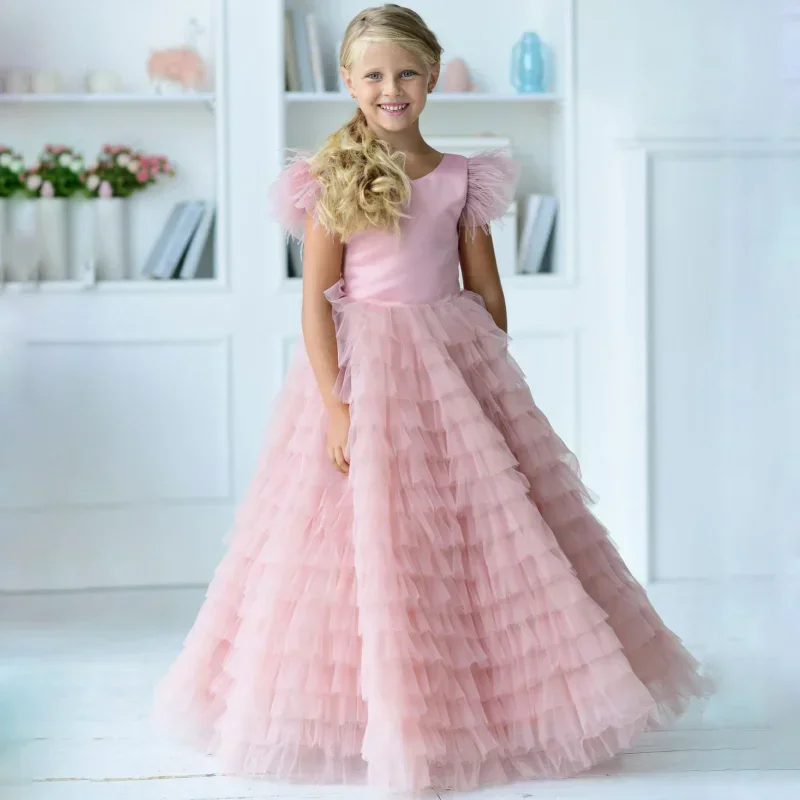 Pink Satin Tulle Puffy Tiered With Bow Sleeveless For Wedding Birthday Banquet Holy Communion Gown Customized Flower Girl Dress
