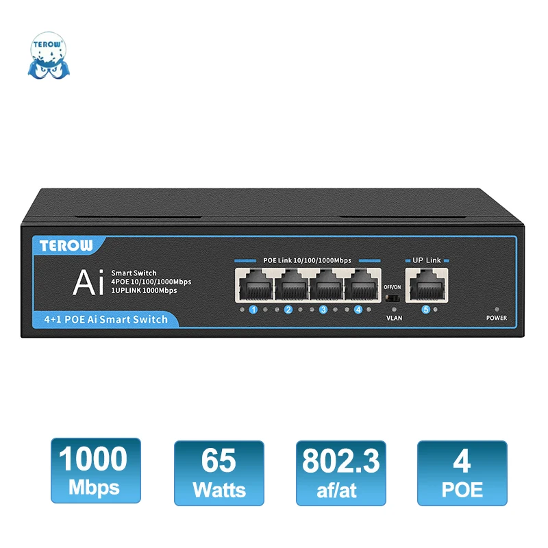 

4 Port Gigabit PoE Switch with 1 Uplink 1000Mbps 802.3af/at 65W Built-in Power Unmanaged Switch for PoE IP Camera VOIP Phone