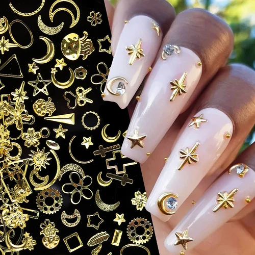 Imagen 2 del producto 500/100 Uds decoración de uñas de aleación 3D estrella Luna flor medusa marco brillo diamantes de imitación decoración artística de uñas accesorios mixtos