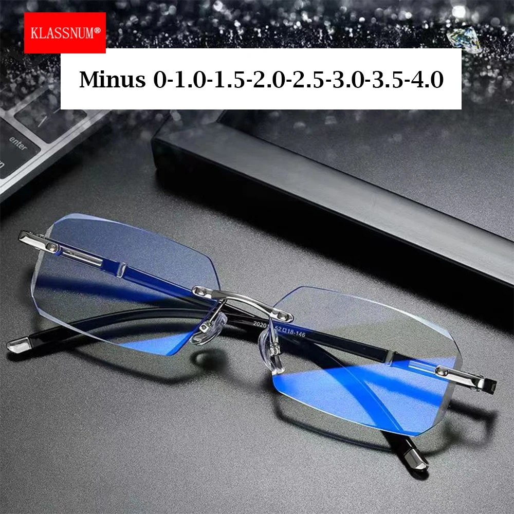 KLASSNUM Men Rimless Myopia Glasses Anti-blue light glasses Man High Quality Minus Optical Transparent Glasses 0-1.0-1.5-2.0-2.5