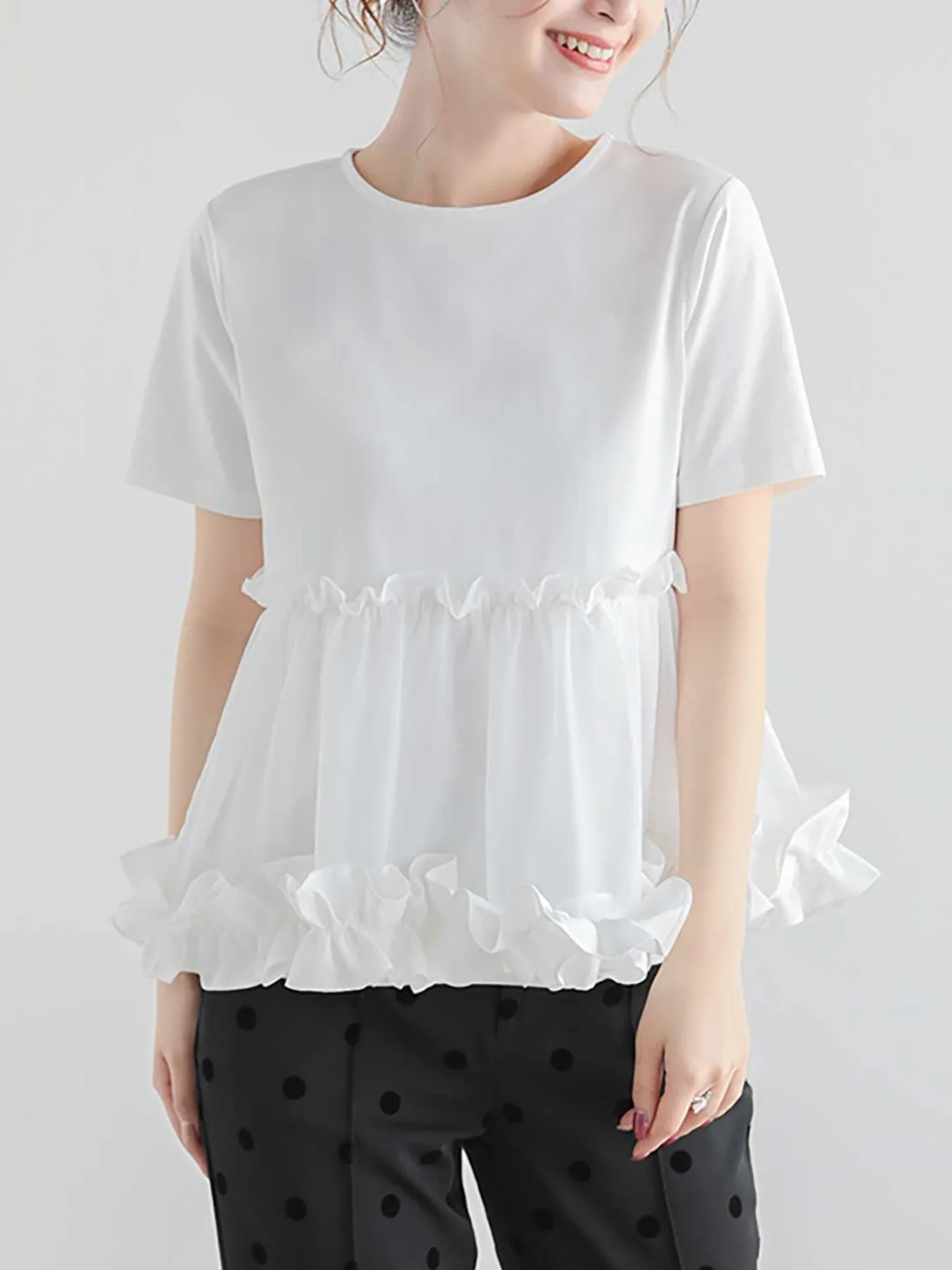 

Faionable Splice Lace Netting Cotton ort Sve Футболка женская свободная посадка топ для похудения корейский круглый Ne Pure Color