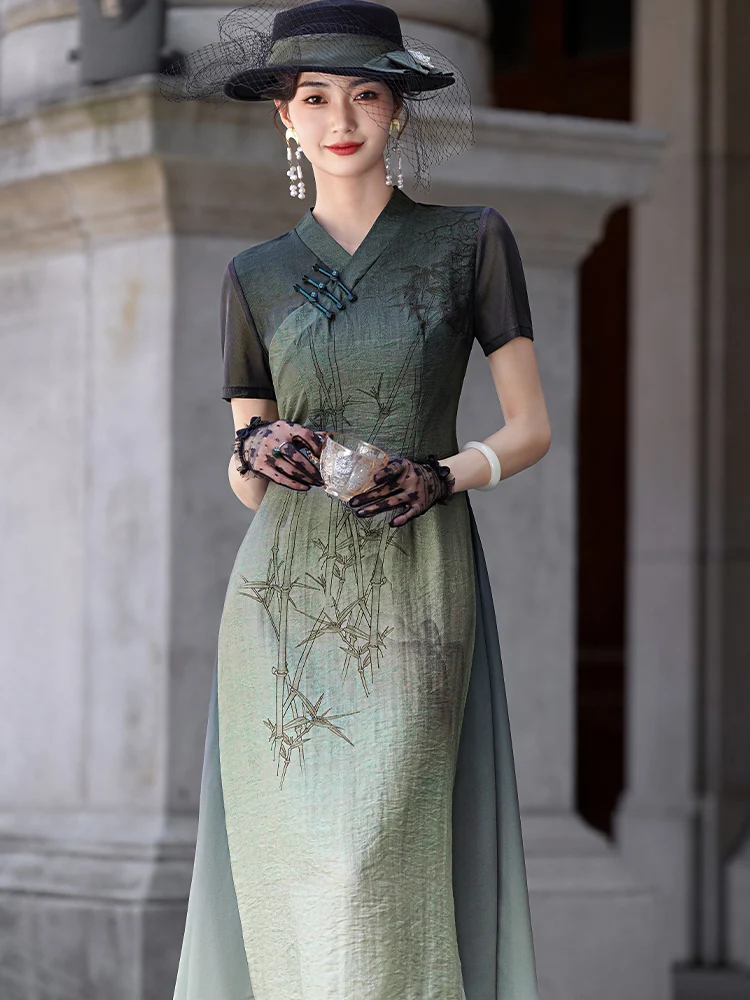 

Ele Floral Print Low Collar Dr Chinese Sle Revival Young Daily Wear ort Sve Long Qipao for Women