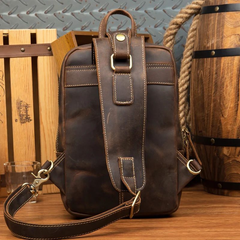 Retro handmade leather chest bag men\'s leather crossbody bag crazy horse leather chest bag with leather shoulder bag