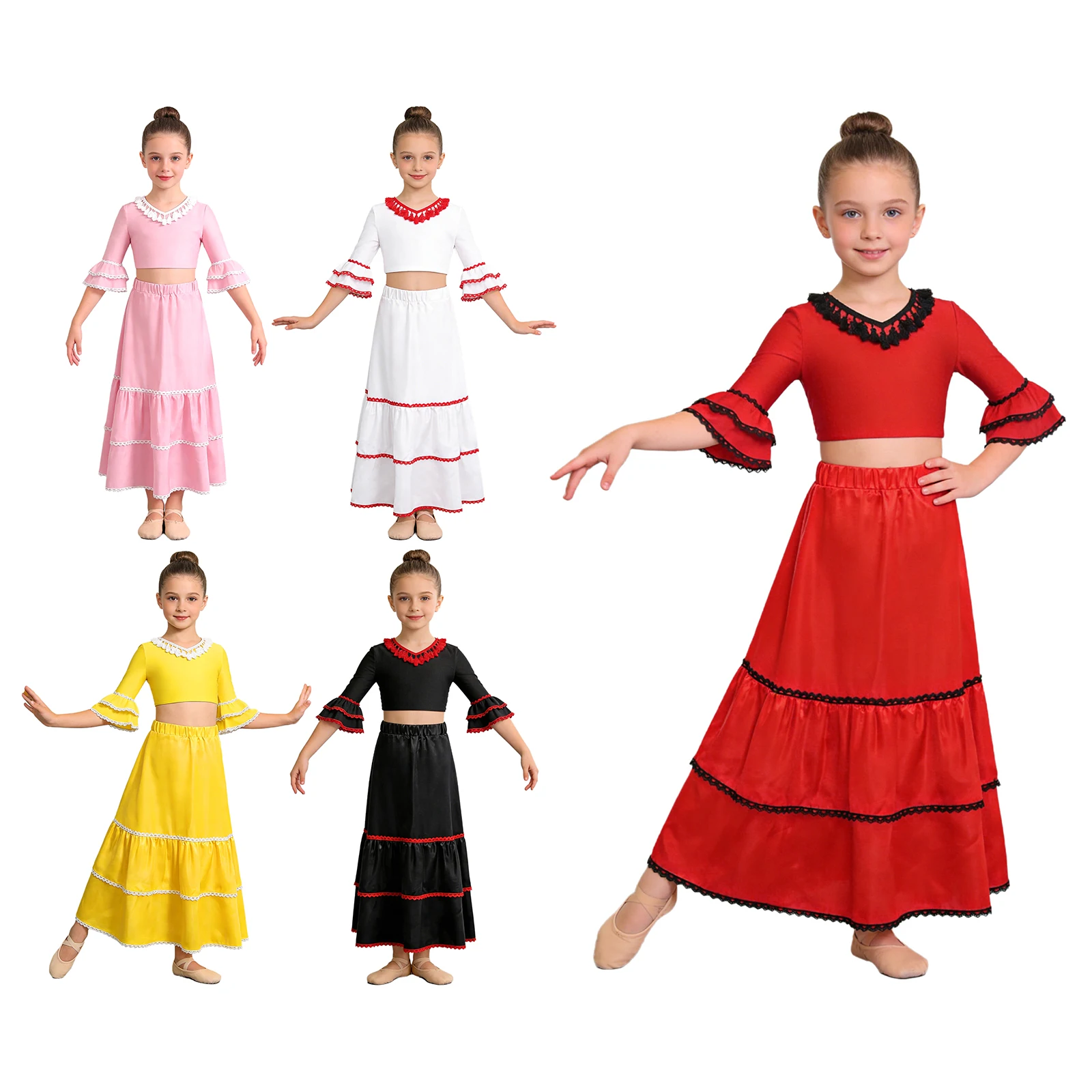 Kids Girls Flamenco Dance Outfit Tassel Crop Top with Satin Skirt Ballet Belly Dance Gypsy Long Skirts Dancer Practice Wear