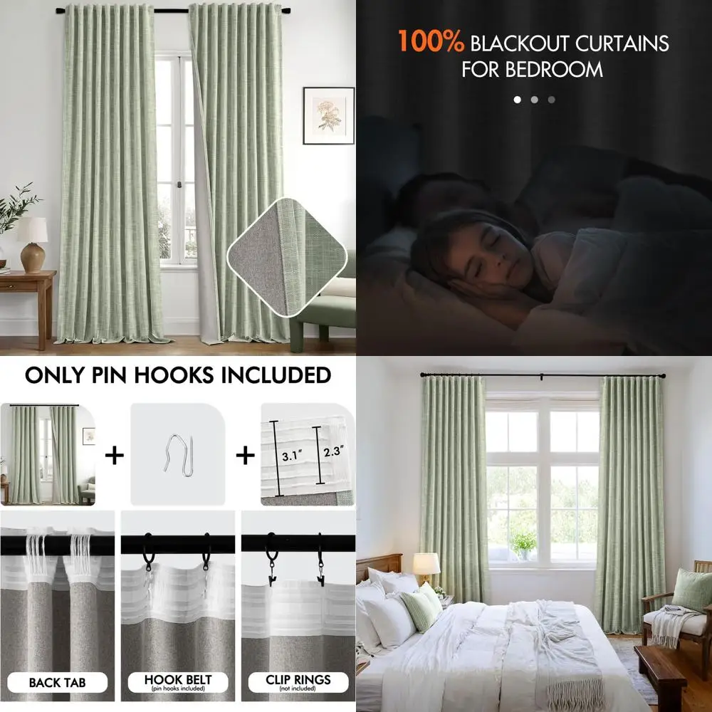 

100% Blackout Linen Curtains, 108, 2-Panel Set, Double-Sided, Pleated, Thermal Insulated, Pinch Pleat, Long, Darkening Drapes