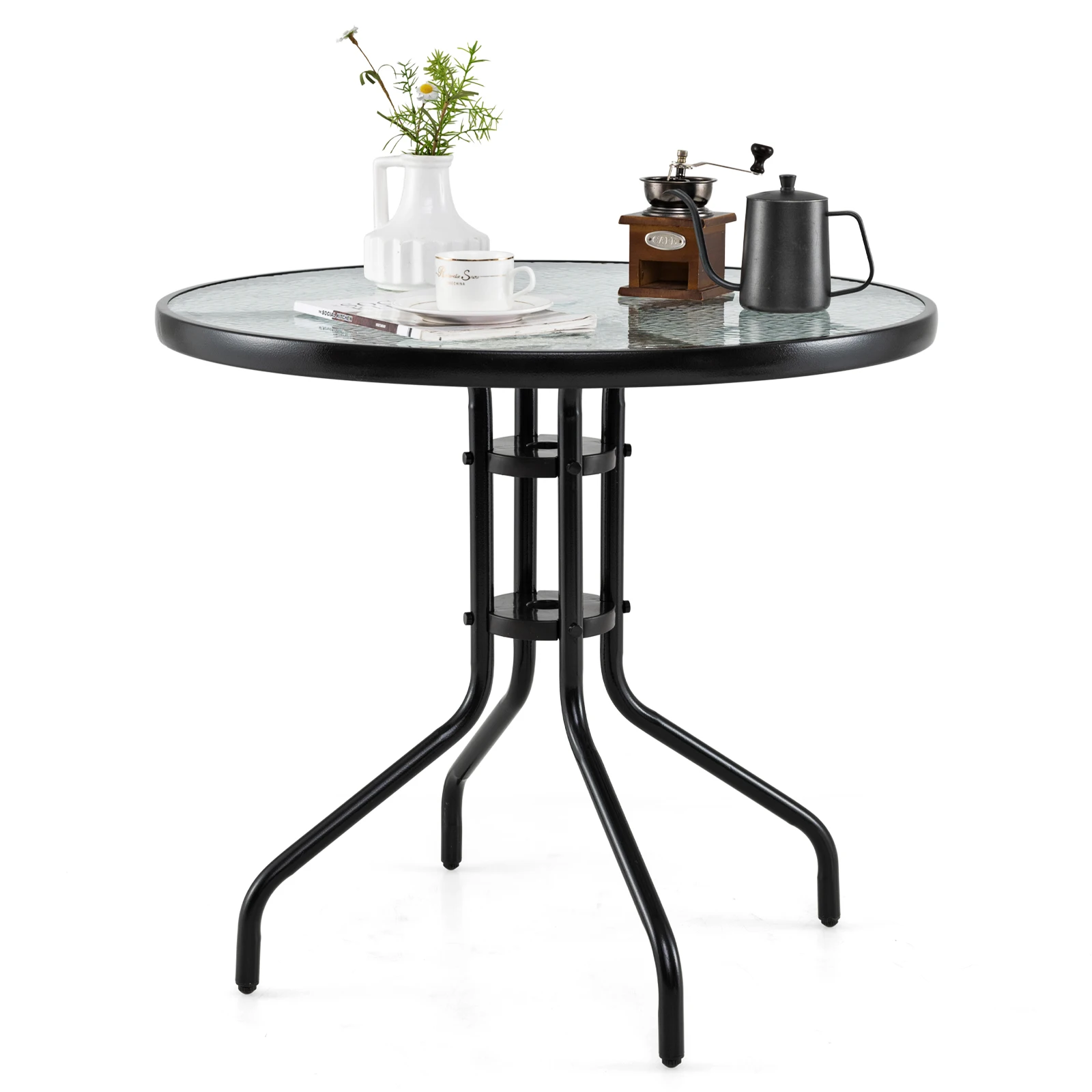 

32" Outdoor Round Table Tempered Glass Top W/ Umbrella Hole Steel Frame