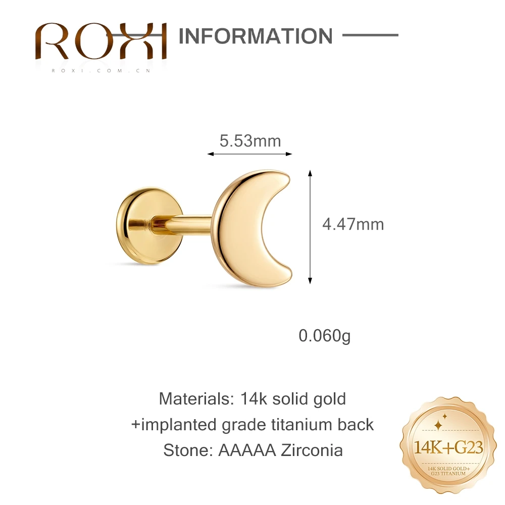 ROXI 1PC 14K Solid Gold Minimalist Geometric Single CZ Piercing Cartilage Stud Hypoallergenic Ear Jewelry