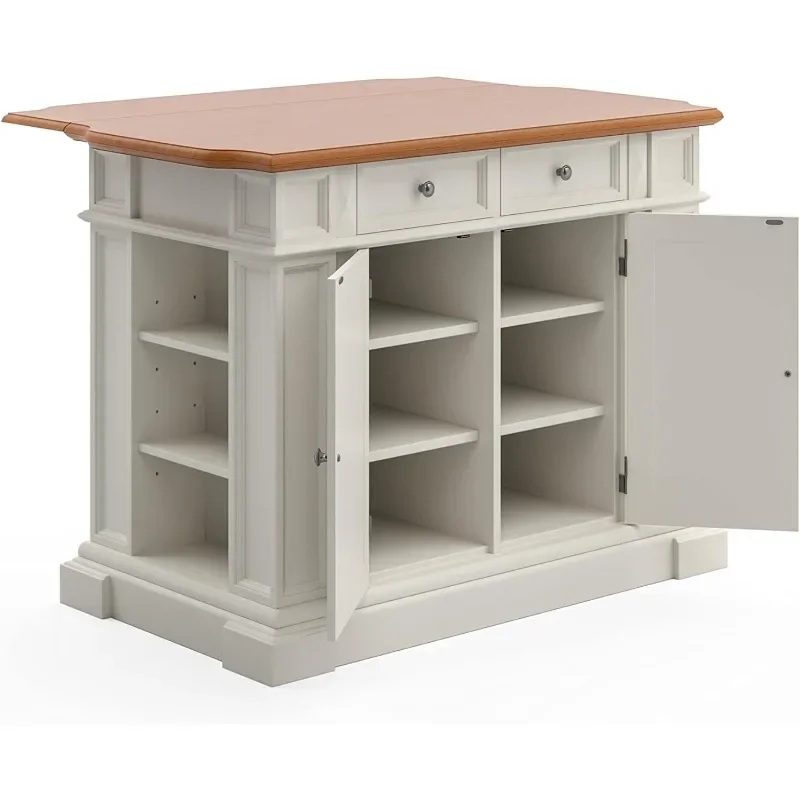 Americana Kitchen Island with Wood Top and Drop Leaf Breakfast Bar, Storage with Drawers