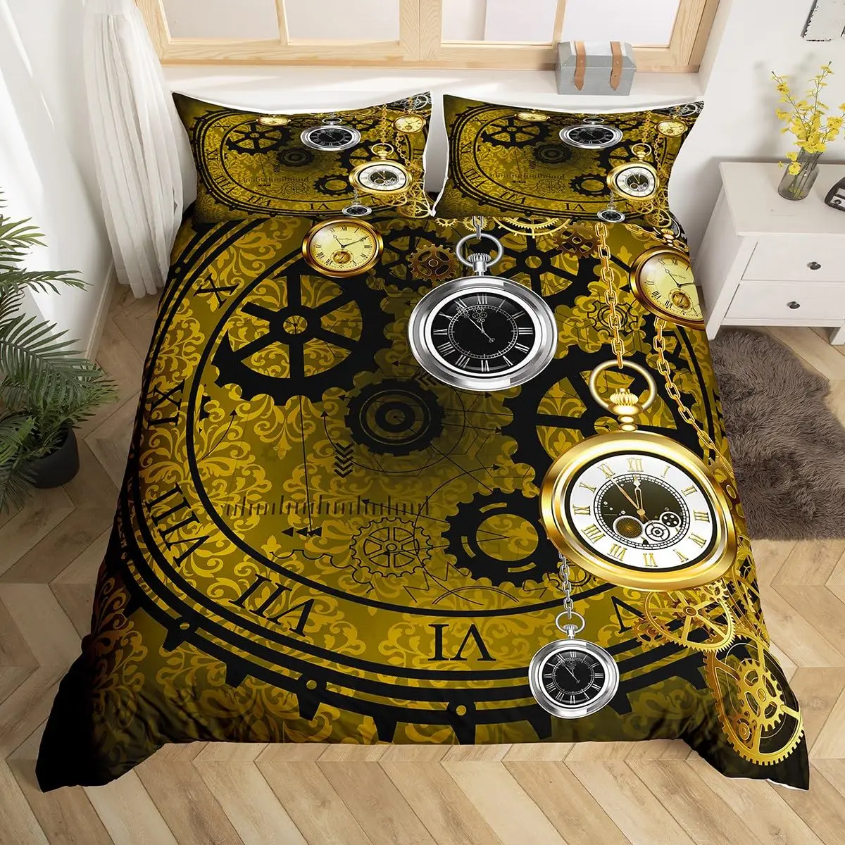 Clock Duvet Cover,Retro Steampunk Industrial Comforter Cover Vintage Pocket Watches Bedding Set Antique Machine Time Quilt Cover