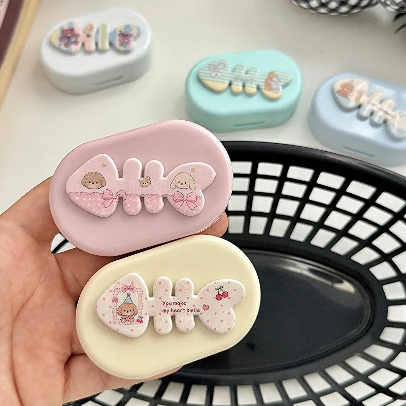 Cute Cartoon Fish Bone Oval Contact Lens Case With Mirror Portable Eye Care Storage Box - view 5