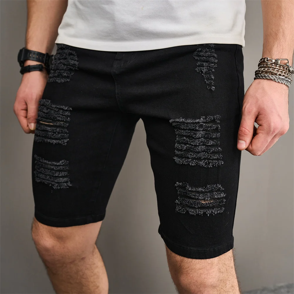 Street Men Holes Distressed Slim Beach Denim Shorts Summer Stylish Solid Male Casual Jean Five-point Pants