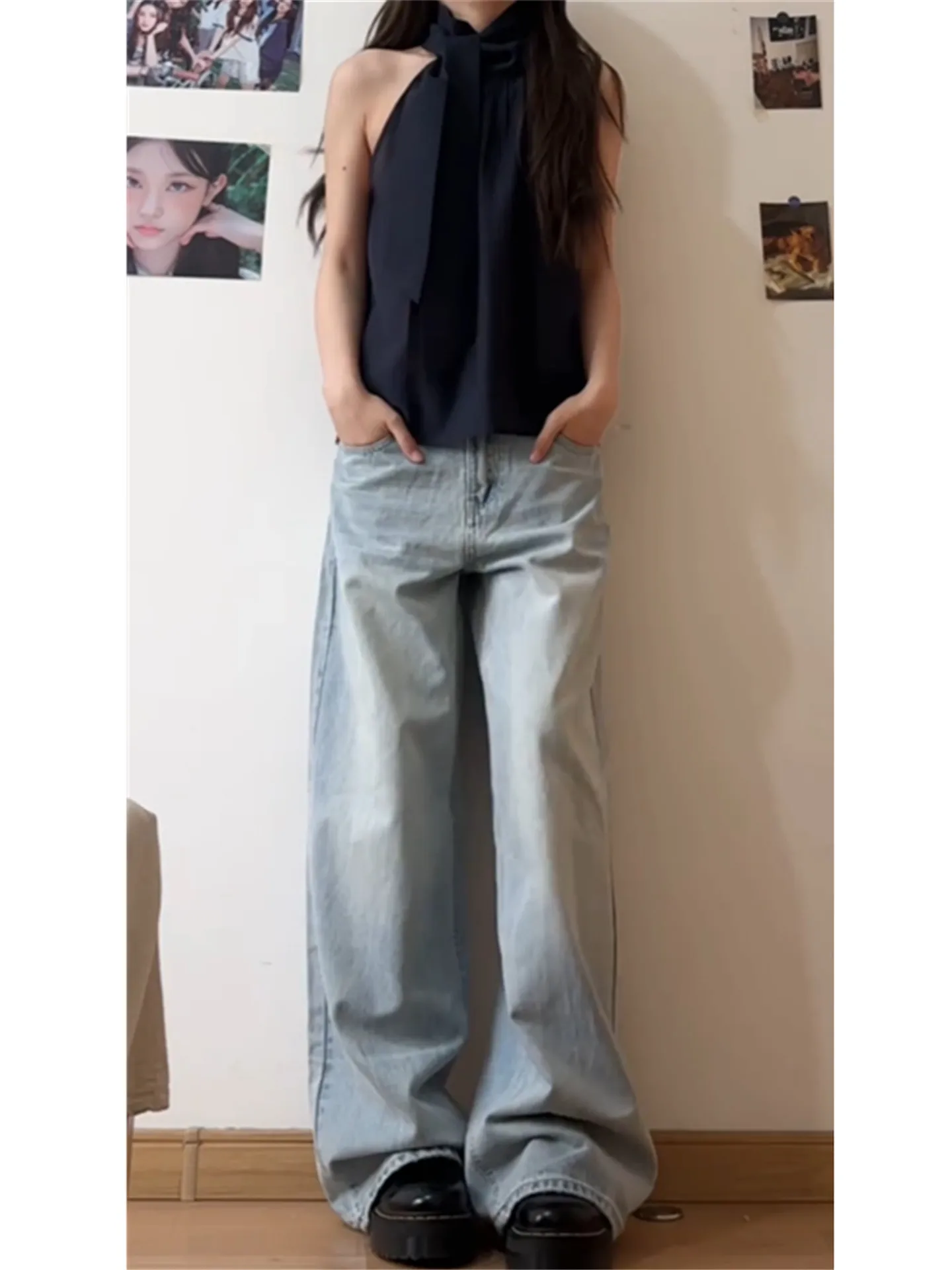 

American Vintage High Waist Wide Leg Blue Jeans Women's Loose Drapey Long Straight Cut Trousers Spring Casual Cotton Denim