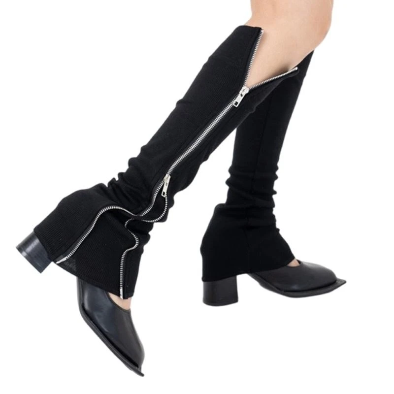 Punk Double Zippers Long Leg Socks Ribbed Leg Warmers Harajuku Over Calf Leg Gaiters Boot Covers for Women Streetwear 15UB