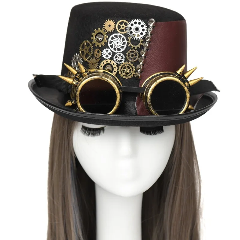 

Steampunk Top Hat with Goggles Gothic PU Leather Vintage Party Costume Headwear for Men Women