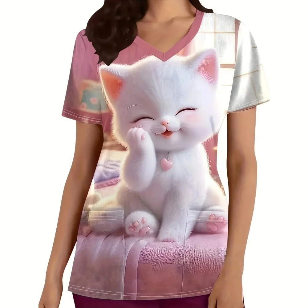 Leuke Kat Print Klinisch Uniform Vrouw Zomer Mode V-hals Scrubs Vrouw Casual Korte Mouw met Pocket Top Verpleegster Uniform Vrouw