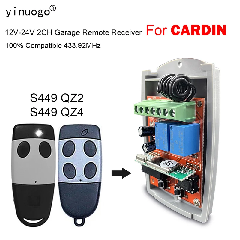 

CARDIN S449 QZ2 QZ4 Garage Door Remote Control Receiver 12V-24V 2CH 433.92MHz Rolling Code Garage Door Opener CARDIN Receiver