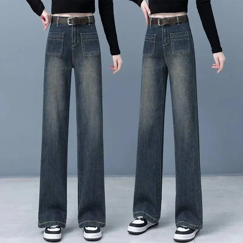 

High Waist Straight Jeans Women's Spring Autumn Cement Grey Wide Leg Long Trousers Vintage Slimming Trendy Denim Pants