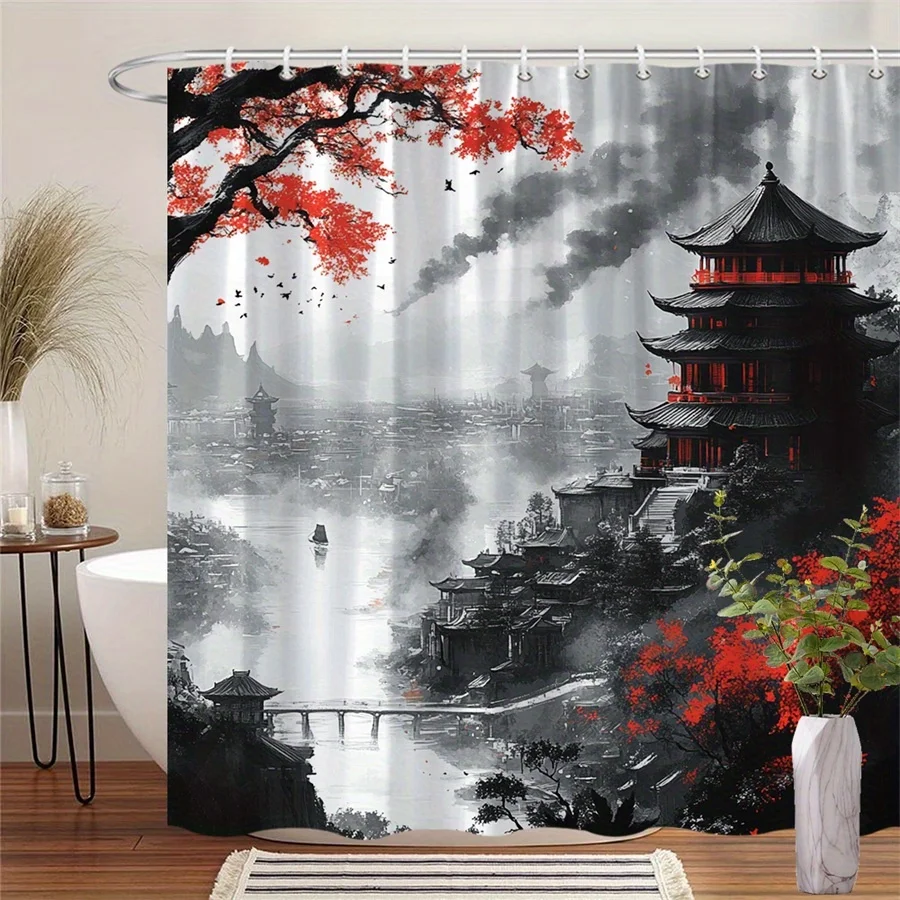 

1pc Asian Cityscape Shower Curtain - Misty Pagodas, Red Tree & Bridge Design with Striking Red Accents, Durable Polyester Fabric