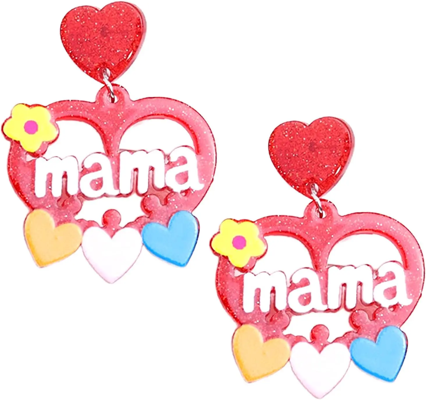 2025 Mothers Day Earrings for Mom Mama Women Lightweight Acrylic Heart Shaped Mama Earrings Jewelry Red