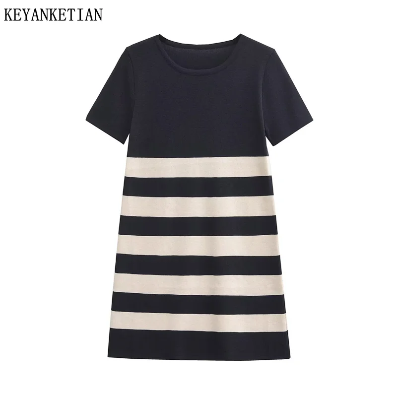 

KEYANKETIAN 2024 New Women's Horizontal Striped Knit Dress British style O-Neck Short Sleeve Slim Leisure A Line Mini Dresses