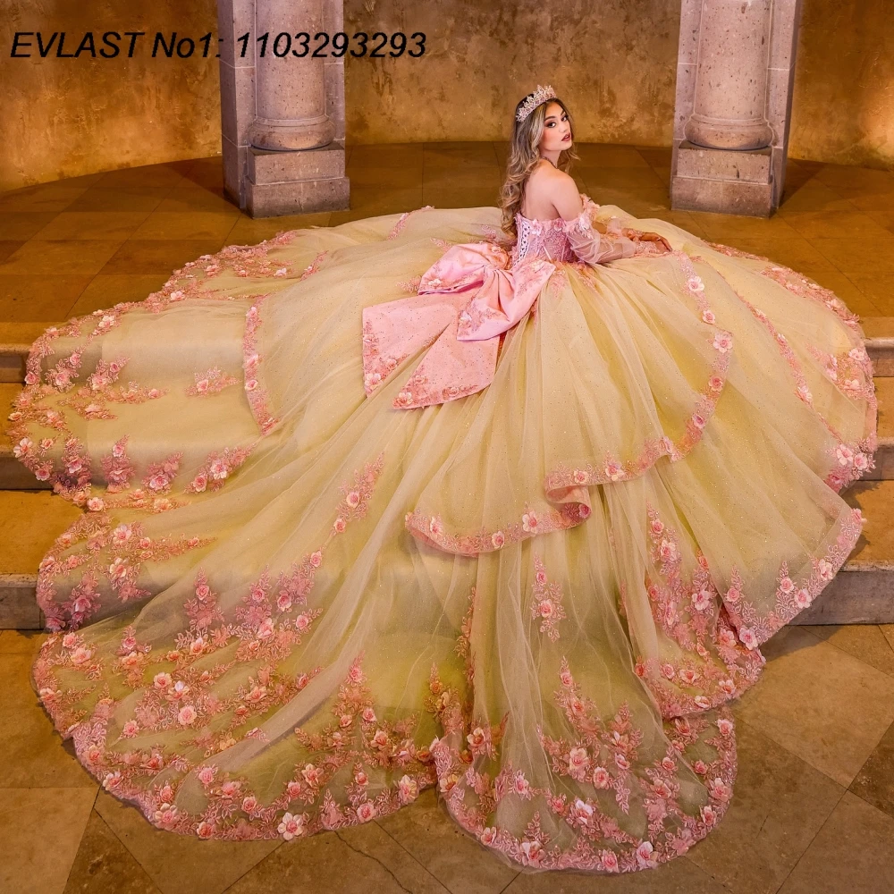 EVLAST ที่กําหนดเอง Glitter Quinceanera Ball Gown ดอกไม้สีชมพู Applique ลูกปัดฉัตรโบว์หวาน 16 Vestido De 15 Anos E1Q198