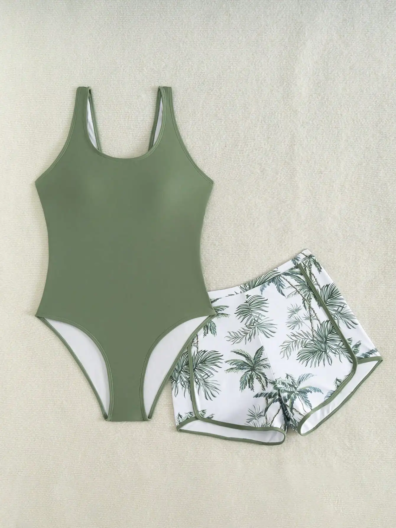 

Olive Green Solid Racerback One Piece Swimsuit With Tropical Print Shorts Set