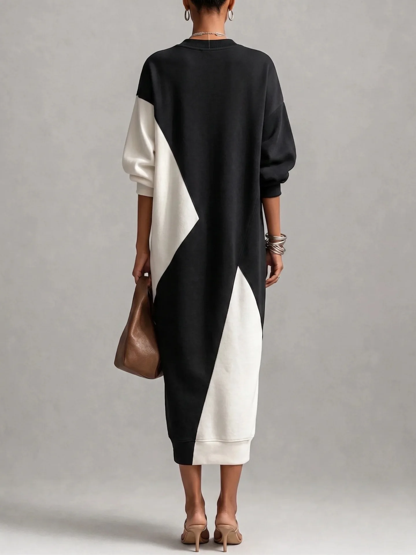 Elegant Women Black White Colorblock Dress V Neck Long Sleeve Loose Oversized Sweatshirt Casual Vacation Kaftan Maxi Dresses