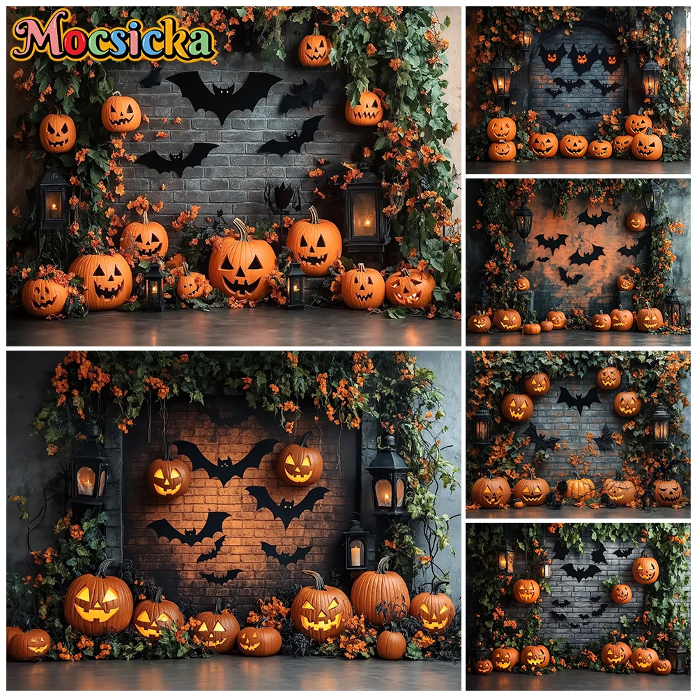 Mocsicka Halloween Photography Backdrop Dark Brick Wall Pumpkin Bat Autumn Photo Background Newborn Studio Live Streaming Decors