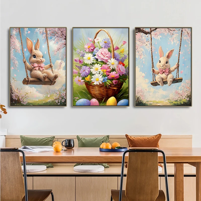 Boho Cute Rabbit Bunny Vintage Poster Rustic Easter Egg Hare Canvas Painting Animal Wall Art Picture Easter Farmhouse home Decor