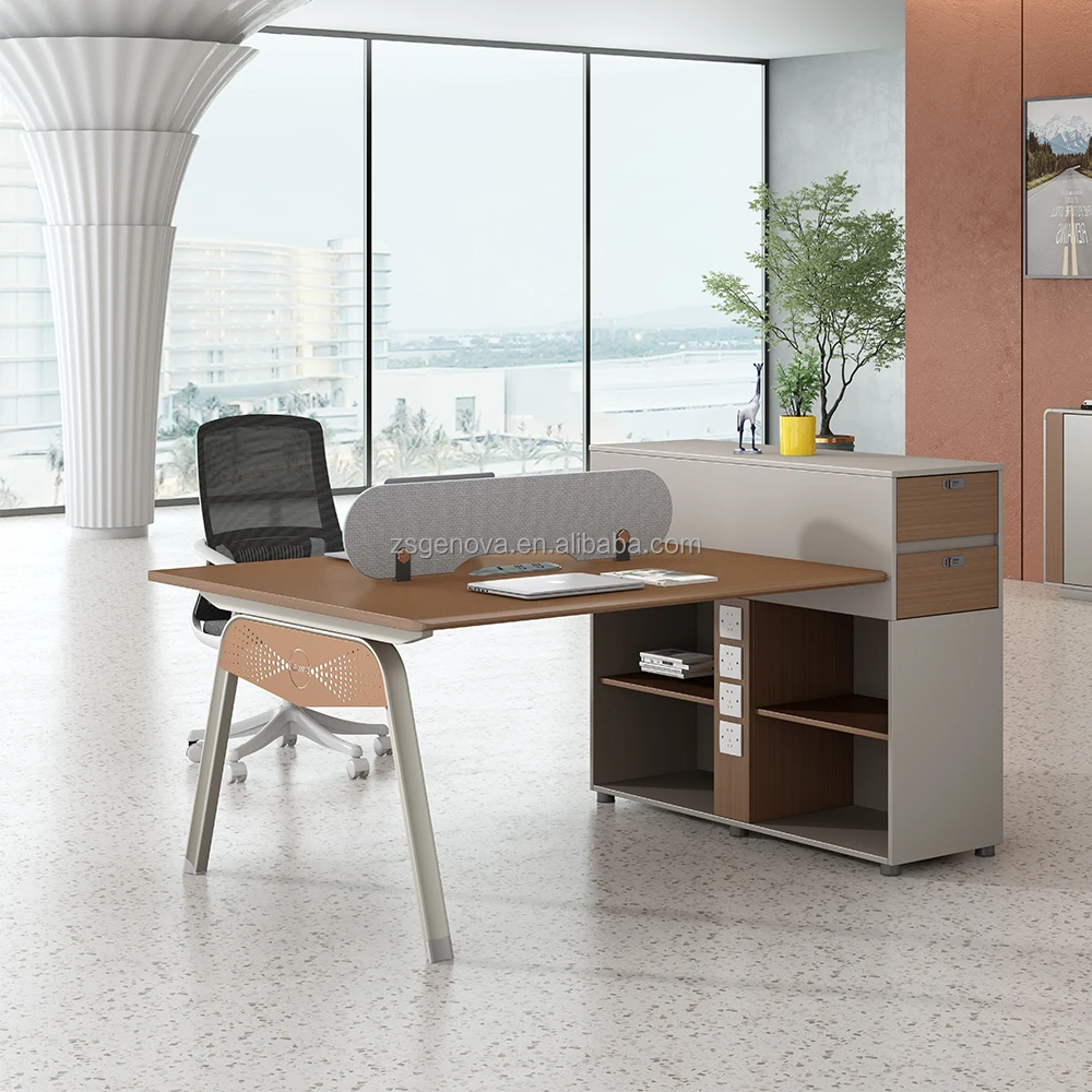 

Modern Open Office Workstation With High Cabinet MDF Staff Design Desk L-Shape Desk Locked Storage Wooden Assembly Required