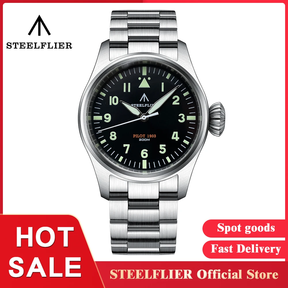 STEELFLIER Ufficiale SF740 V2 Orologio da polso al quarzo di lusso Pilota Grande Corona Super Luminoso VH31 Movimento Muto Orologio impermeabile di