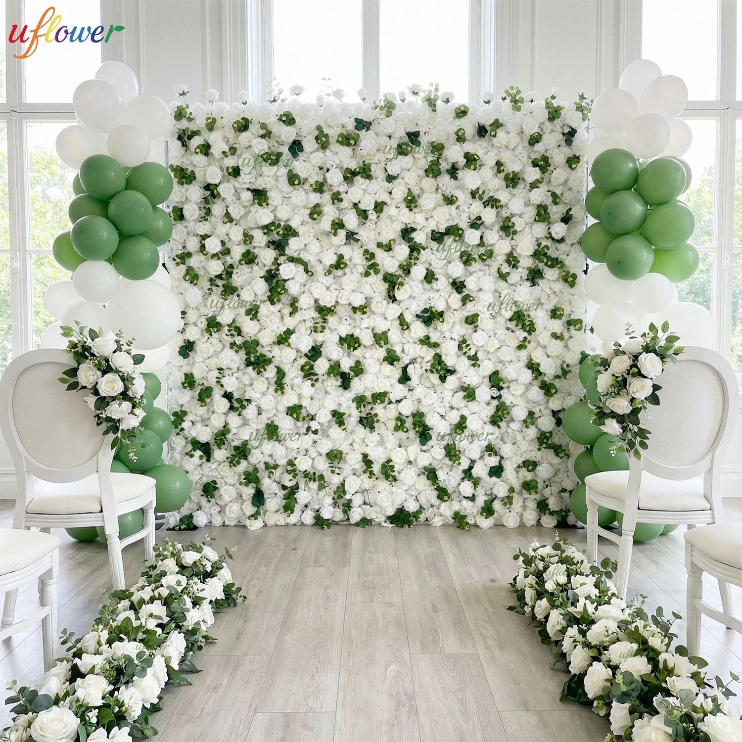Uflower 3D-панель из белых роз и зелени, тканевая рулонная штора для свадебного фона, декор для мероприятий, сцены, дома