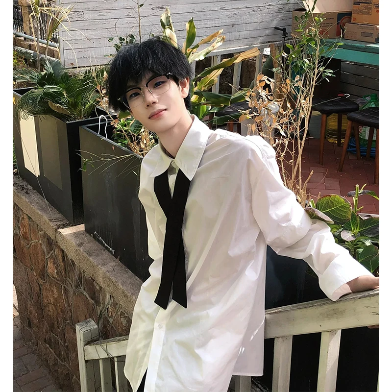 

Korean Sle White Long Sve irt for Men Cleanfit Youthful Trendy Brand Haome Outerwear Summer Top Polyester Fiber