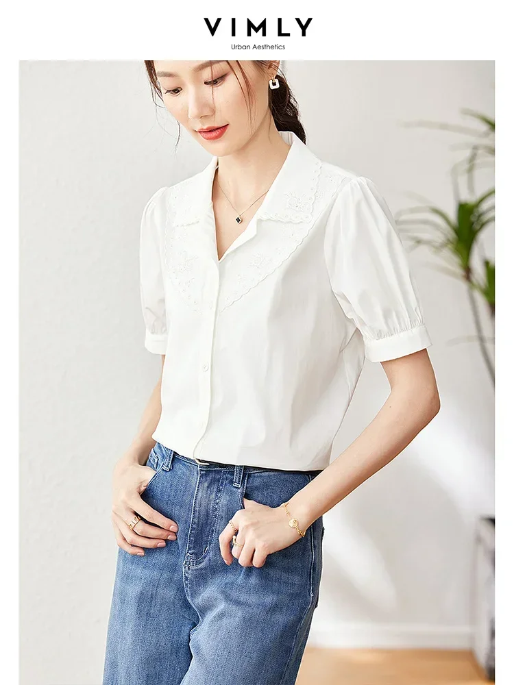 Vimly White Short Sleeve Shirts for Women Sweet Puff Sleeve Elegant Summer Top Hollow Out Embroidery Female Shirts and Blouses